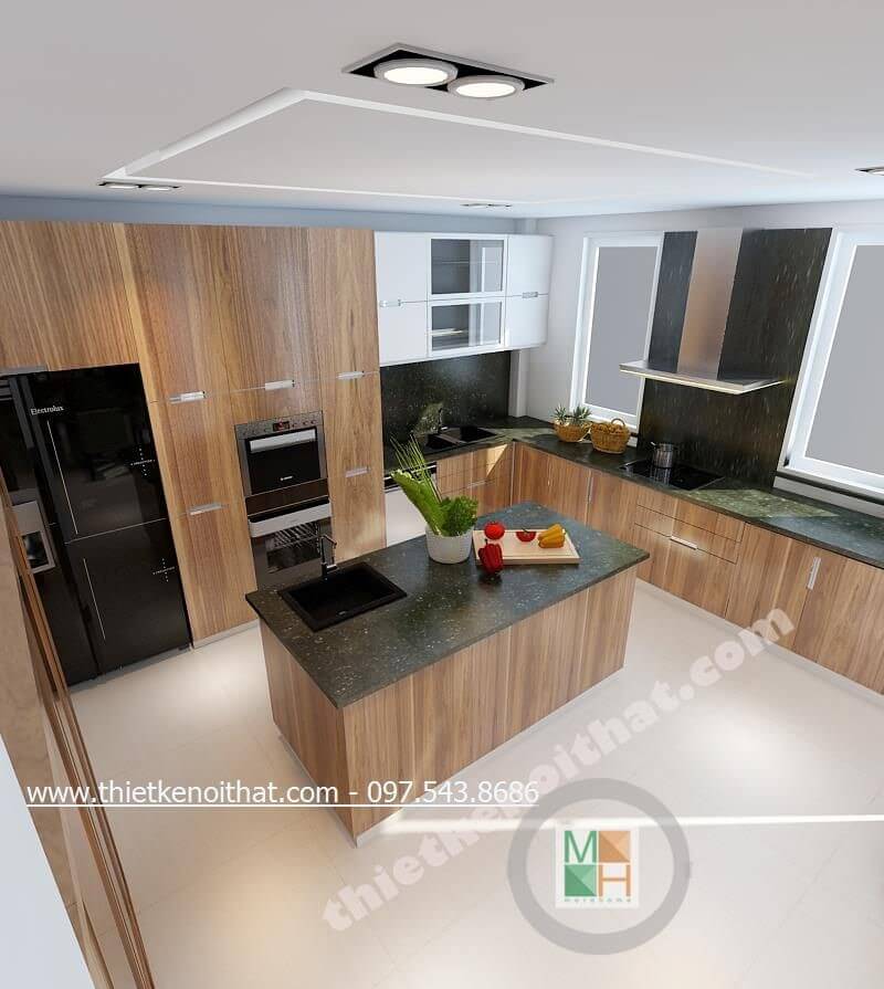Mẫu tủ bếp gỗ công nghiệp với tone màu nâu sáng hiện đại mang lại không gian thoải mái, sạch sẽ cho người nội trợ Tủ bếp đẹp