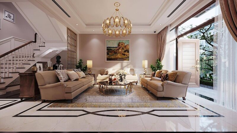 Thiết kế nội thất phòng khách tân cổ điển đẹp tại biệt thự Ciputra Tây Hồ Hà Nội Thiết kế phòng khách biệt thự
