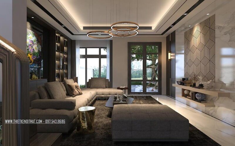 Vẻ đẹp gần gũi, ấm cúng của bộ sofa hiện đại kiểu dáng góc chữ L tiện lợi thêm phần thu hút cho phòng khách chung cư, nhà phố hiện đại. Thiết kế phòng khách biệt thự