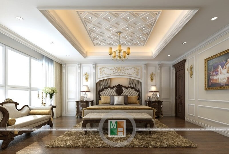 Mẫu thiết kế phòng ngủ chung cư tân cổ điển với đồ nội thất gỗ tự nhiên mang đến cảm giác như một căn phòng ngủ hoàng gia đầy đẳng cấp Thiết kế phòng ngủ