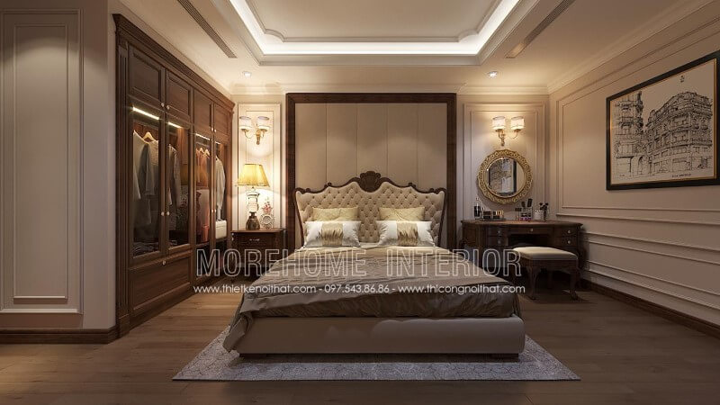 Thiết kế nội thất phòng ngủ biệt thự tân cổ điển sang trọng bằng mẫu gường ngủ gỗ óc chó cao cấp này Thiết kế phòng ngủ