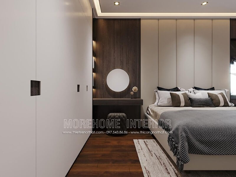 Trang trí nội thất phòng ngủ đẹp với gỗ ốp tường vân óc chó sang trọng. Thiết kế phòng ngủ