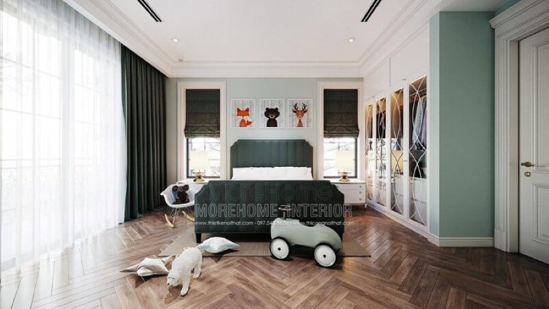 Giường ngủ cho bé trai đẹp với thiết kế bọc nệm độc đáo cùng sắc xanh ấn tượng tạo điểm nhấn nổi bật cho toàn bộ không gian. Thiết kế phòng ngủ
