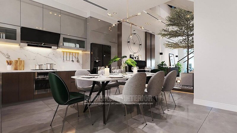 Mẫu thiết kế hệ tủ bếp biệt thự hiện đại mang đến sự tiện nghi cho không gian sống gia chủ với những tích hợp thông minh.  Tủ bếp gỗ công nghiệp và tủ bếp acrylic