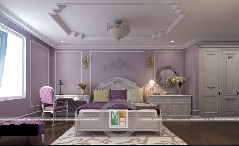 Mẫu giường ngủ gỗ đẹp màu trắng đồng bộ với nội thất căn phòng ngủ mang đến vẻ đẹp sang trọng cho căn phòng.
