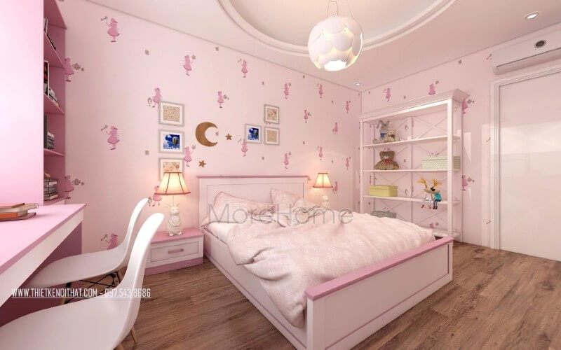 Gợi ý mẫu giường ngủ màu trắng chất liệu gỗ công nghiệp nhẹ nhàng cho phòng ngủ của bé gái