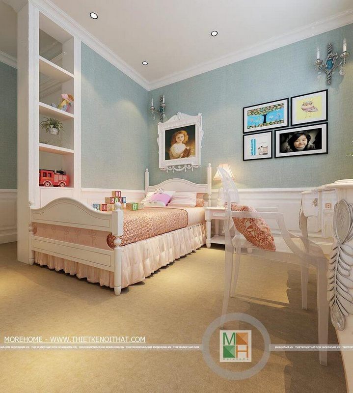 Mẫu giường ngủ liền kệ trang trí đẹp với tông trắng- hồng dễ thương cho phòng ngủ của bé