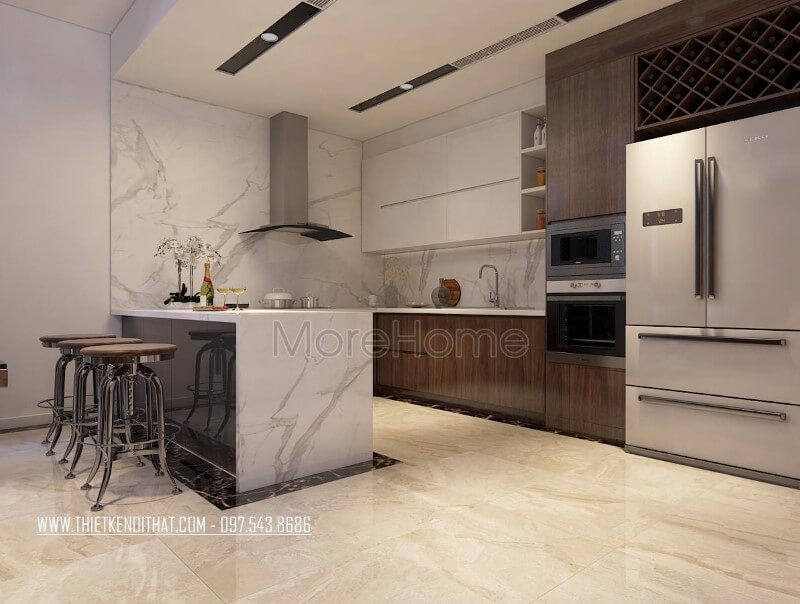 Mẫu tủ bếp gỗ công nghiệp màu nâu hiện đại với thiết kế nối dài để trang trí những sản phẩm phục vụ cho khu bếp của gia đình