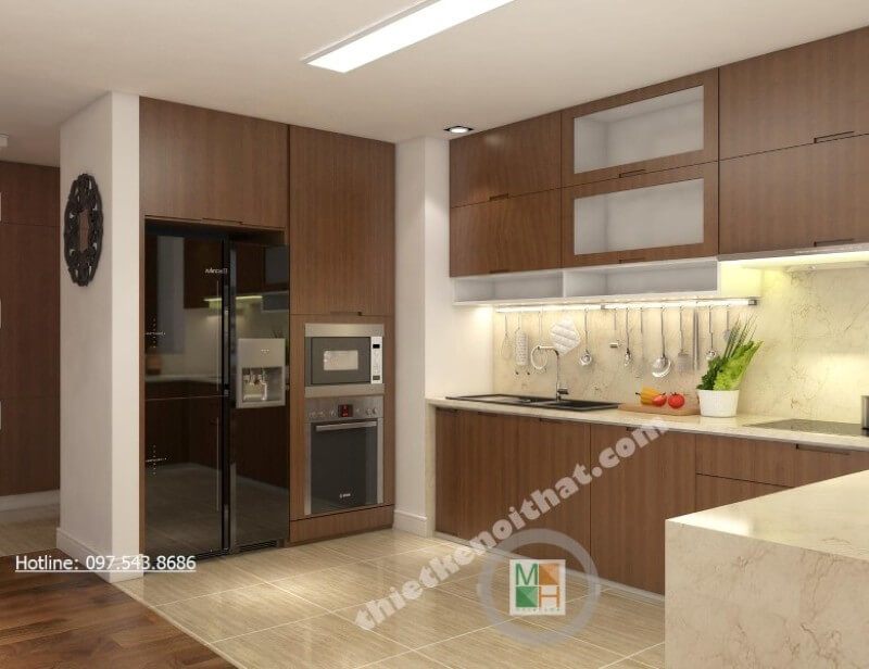Tủ bếp đẹp kết hợp tủ bát và kệ gia vị đem đến một phòng bếp đầy đủ công năng