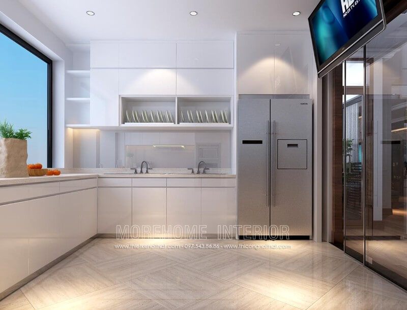 Tủ bếp chữ L hiện đại được thiết kế âm tường giúp tiết kiệm tối đa diện tích cho không gian nhà nhỏ