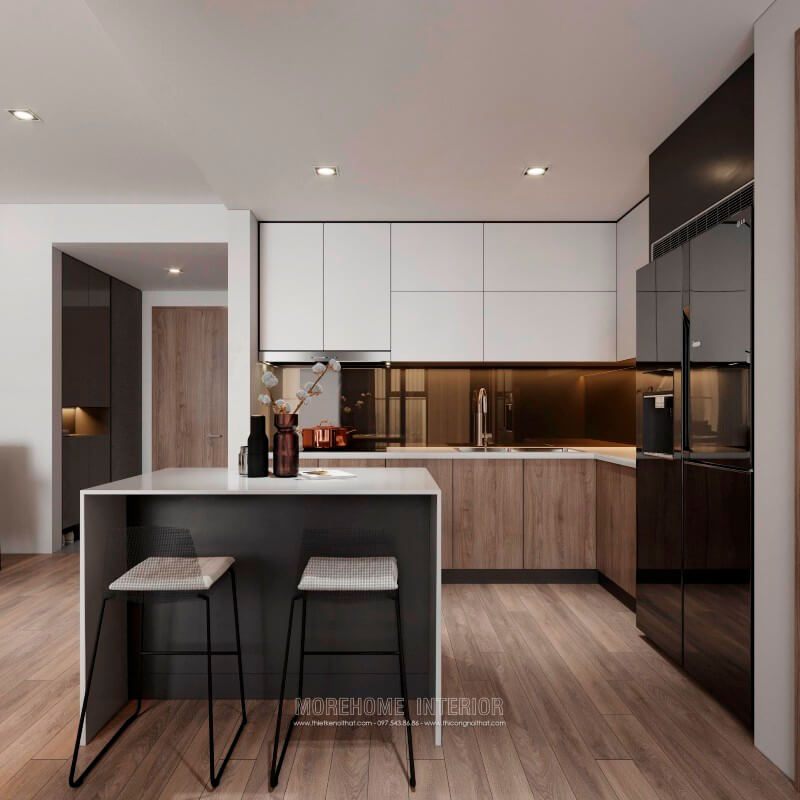 Thiết kế tủ bếp hiện đại âm tường kiểu dáng chữ L giúp tiết kiệm tối đa diện tích cho không gian sống của gia chủ