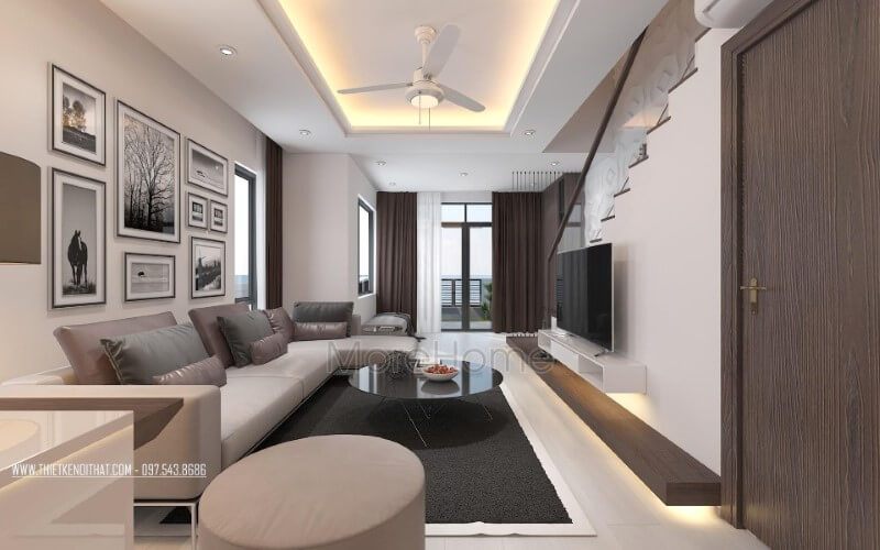 Thiết kế nội thất phòng khách hiện đại, thông thoáng, sang trọng.