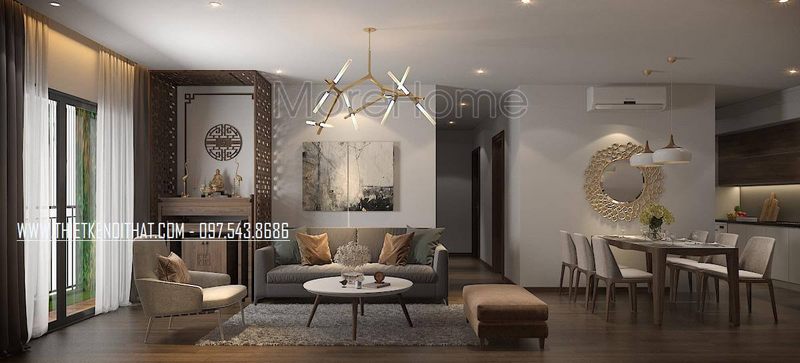 Sofa bọc vài màu ghi xám là điểm nhấn cho phòng khách chung cư