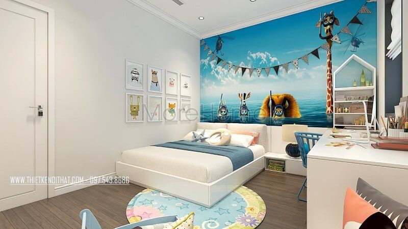 Để tạo nên một không gian sinh động hơn cho phòng ngủ của con, hãy trang trí bằng cách dán tranh và treo bộ tranh lên tường, để tạo ra màu sắc và ấn tượng độc đáo.