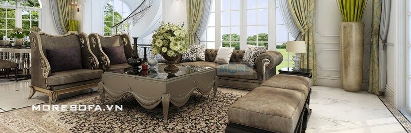 Mẫu sofa mang lại nét đẹp độc đáo riêng cho sản phẩm với các hoa văn chi tiết chạm trổ tỉ mỉ khéo léo phong cách Tân cổ điển.